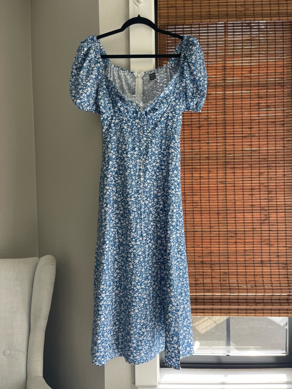 SHEIN Blue Floral Puff-Sleeve Midi Dress